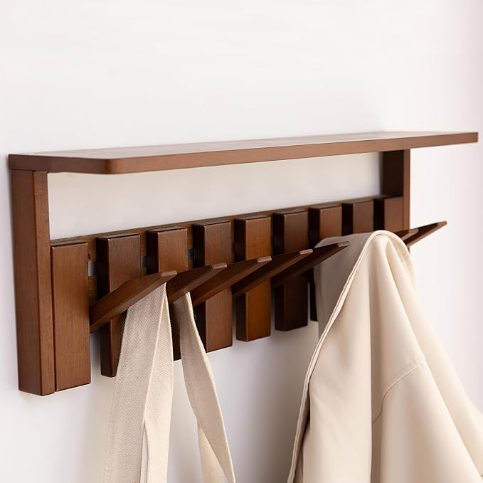 Wooden Coat Rack Wall Mount with Shelf, Heavy Duty Entryway Organizer with 8 Hooks,Coat Hooks Hanger for Coats, Hats, Bags & Towels, Walnut Wall Hanger for Hallway, Bedroom, Kitchen (8 Hooks)