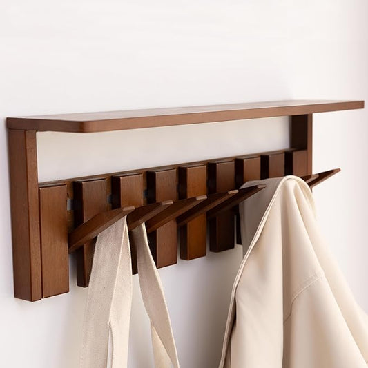 Wooden Coat Rack Wall Mount with Shelf, Heavy Duty Entryway Organizer with 8 Hooks,Coat Hooks Hanger for Coats, Hats, Bags & Towels, Walnut Wall Hanger for Hallway, Bedroom, Kitchen (8 Hooks)