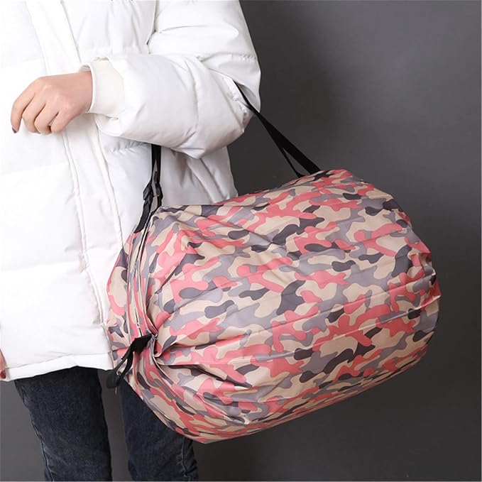 Portable Foldable Shopping Bag Large Capacity Multipurpose Storage Bag Sports Travel Shoulder Bag (Pink Camouflage)