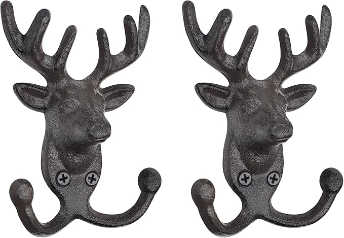 Rustic Deer Head Cast Iron Wall Hooks - Heavy Duty Decorative Coat Hooks Wall Mount for Hanging Key Hat Towel Leash, Vintage Animal Decor Hanger for Farmhouse Cottage Entryway Mudroom 2 Pack