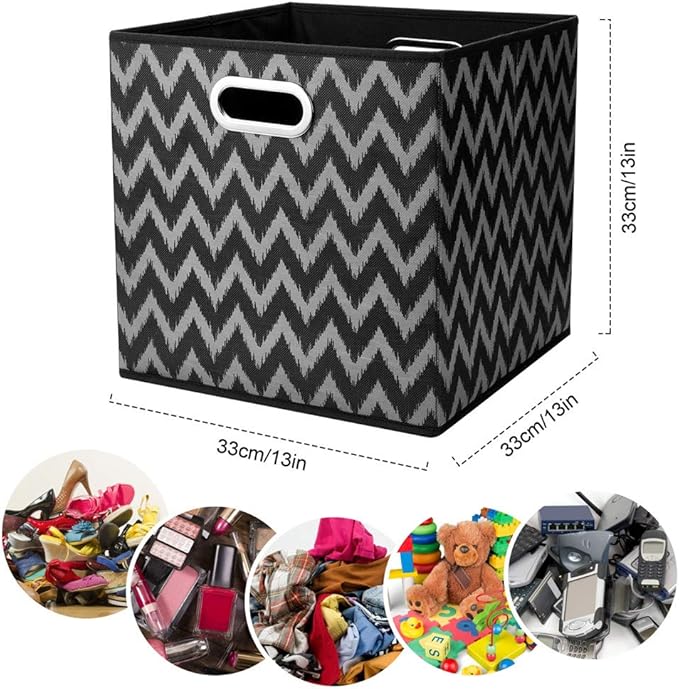 Collapsible Cube Storage Bins Chevron Pattern Cloth Square Storage Baskets Black Storage Inserts Cube 13x13 x 13 in Foldable Strorage Boxes Folding Fabric Drawer for Organizers Shelf Closet,QY-SC03-6
