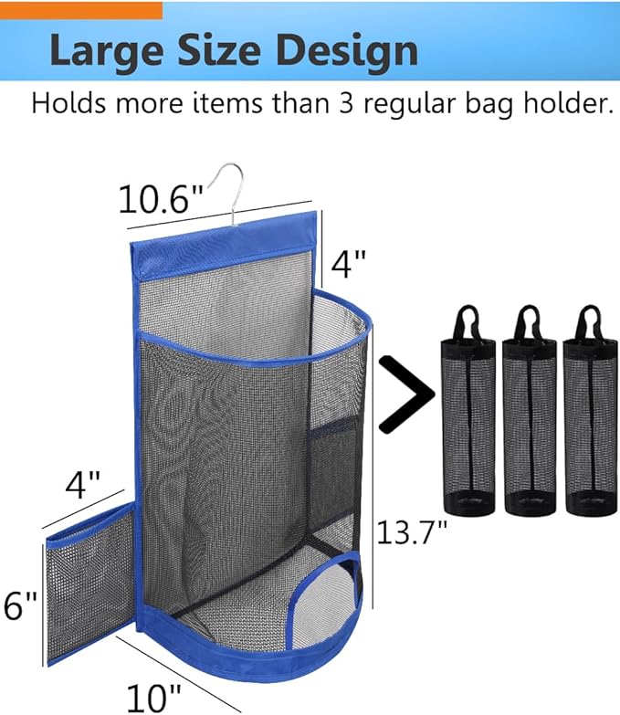 ALYER Hanging Mesh Grocery Bag Holder,Plastic Garbage Bag Dispenser Organizer with Hanger for Kitchen Cabinet Bathroom Laundry,Installation Free (Blue, 17.7" H * 10.6" W * 10" D)