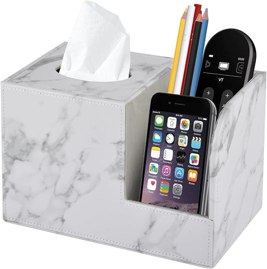 PU Leather Tissue Box Cover Square-Multifunctional Bathroom Tissue Box Holder/Organizer with 2-Compartment,Remote Control Holder,Decorative Tissue Box Covers Cube,Home Office Desktop Storage box,White