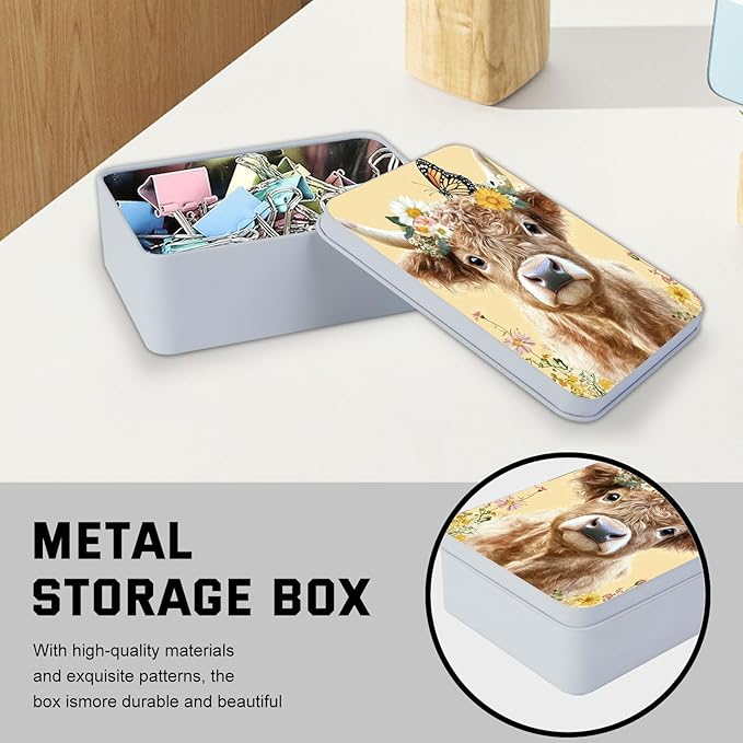 Metal Tin Box with Lid,Multi-functional Storage Box Can Store Tea Biscuits Game Cards, Playing & Tarot Cards-Comes with 4 Magnetic Cord Clips,Cute Cow Butterfly
