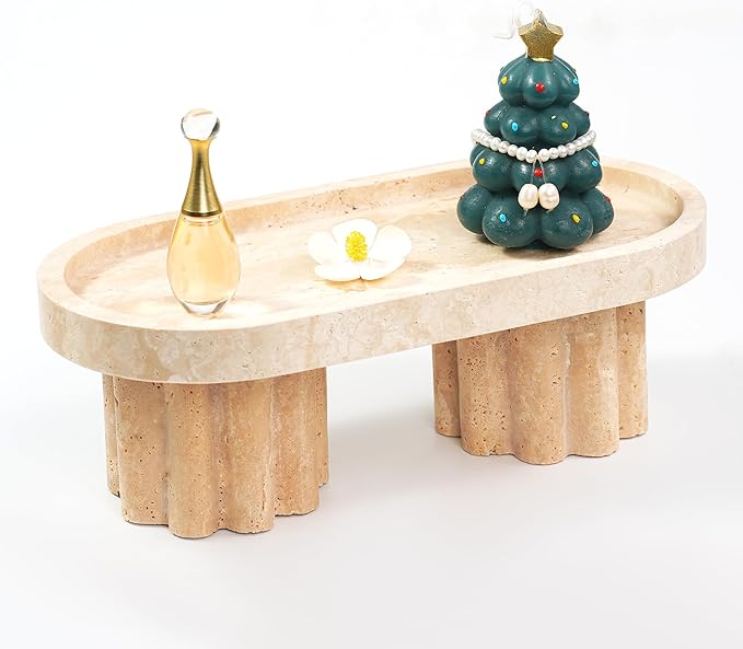 Travertine Marble Perfume Tray - Oval Decorative Stone Pedestal with Scalloped Legs for Bathroom Vanity Coffee Table Kitchen Countertop, Footed Jewelry Holders Organizers