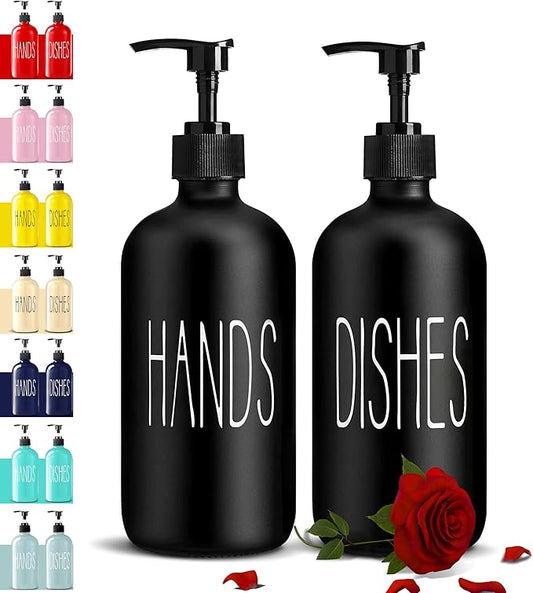 Glass Soap Dispenser Set 2 Pack,Contains Hand and Dish Soap Dispenser.Premium 16 Oz Black Kitchen Soap Dispenser Set for Kitchen Sink and Farmhouse Decor