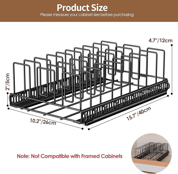 Housolution Pull Out Food Container Lid Organizer with Sliding Rail, Slide Out Plastic Lid Holder Compatible with Tupperware, Metal Storage Rack with 10 Adjustable Dividers for Cabinet, 2 Pack