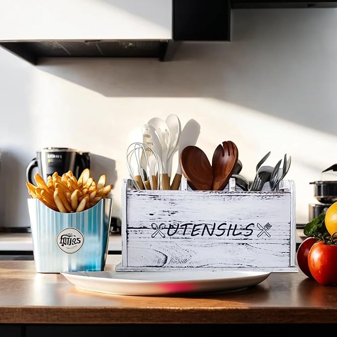 Utensil Holder Rustic Wood White Large Farmhouse Spatula Organizer for Kitchen counter Farmhouse,Countertop,Cooking Tools Storage (White)