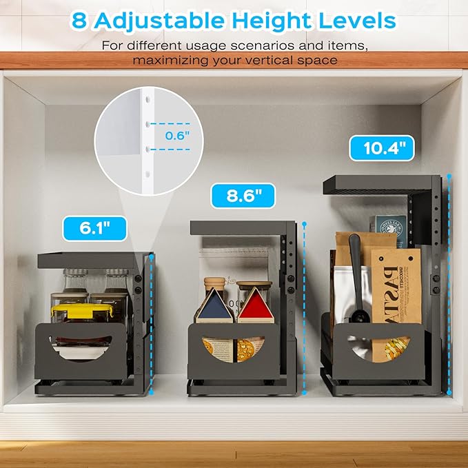2 Tier Magnetic Storage Shelf with Pull Out Drawer, Height Adjustable Magnetic Organizer for Washing Machine & Fridge Side, No Drill Magnetic Rack for Laundry Room, Kitchen Storage (Black)