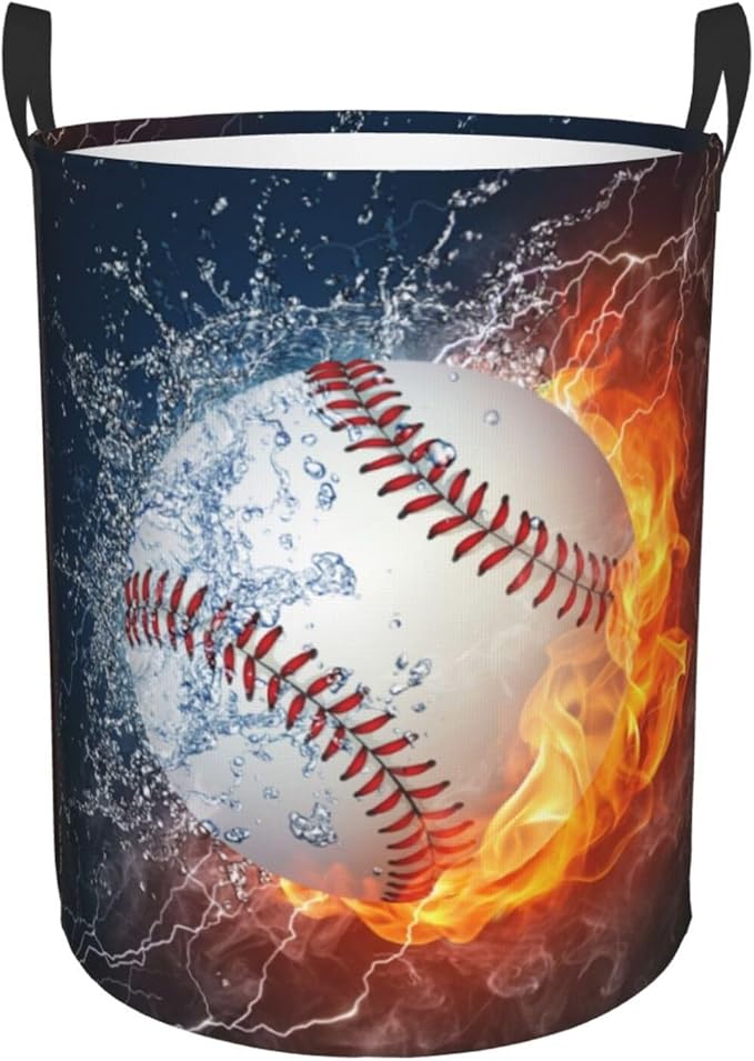 Sport Baseball Ball In Fire And Water Round Laundry Hamper Storage Basket Toys Clothes Organizer Bin For Home Bathroom Bedroom Dorm Nursery, 38l