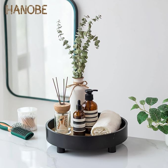 Hanobe Round Bathroom Decorative Tray: Large Vanity Decor Perfume Jewelry Trays for Bedroom Dresser - 12â Black Circle Pedestal Stand for Restroom Display