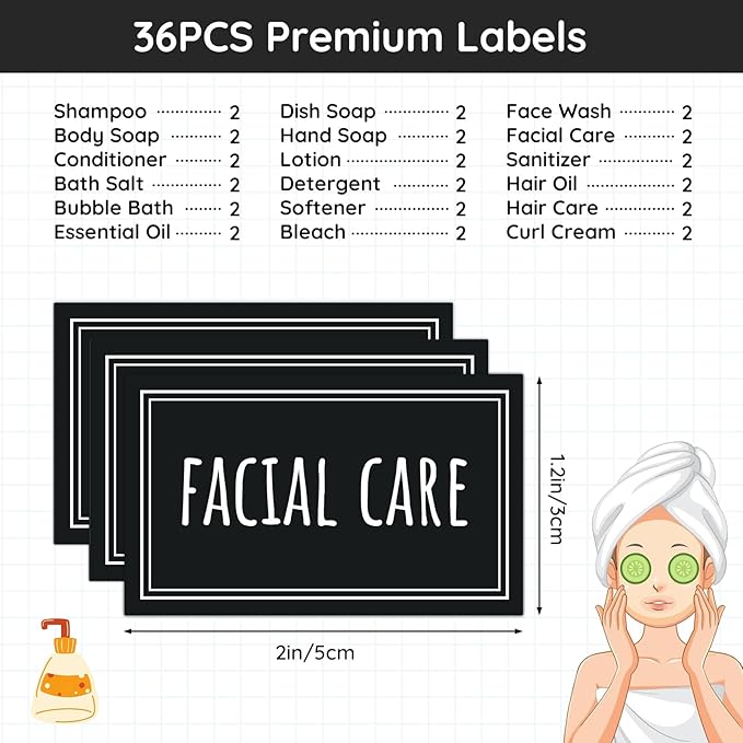 Segbeauty Soap Dispenser Waterproof Labels, 36 Packs Self-Adhesive Minimalist Labels Stickers for Bottles, Farmhouse Bathroom Kitchen Laundry Removable Cleaning Label for Shampoo Dish Soap Deter-Gent