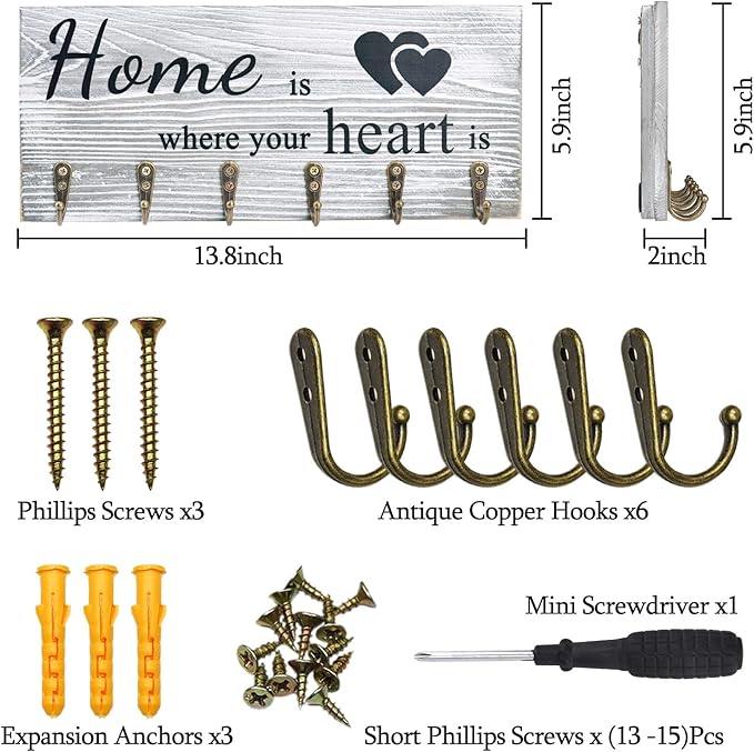 AHYS Key Holder Wall Mount Rustic Wooden Key Hanger with 6 Hooks for Farmhouse Home Entryway Living Room Decor - Light Grey