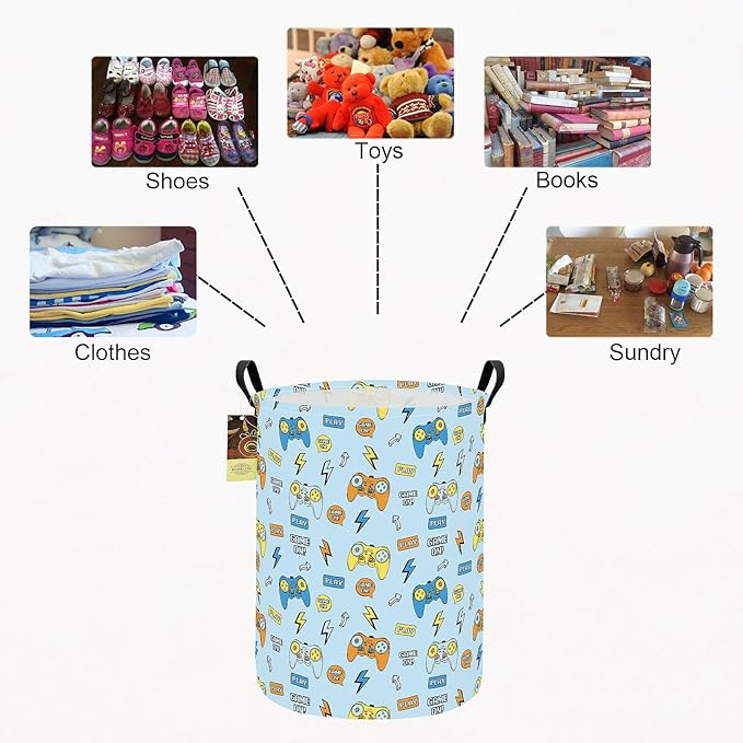 HUNRUNG Laundry Hamper,Large Canvas Fabric Lightweight Storage Basket Toy Organizer Dirty Clothes Collapsible Waterproof for College Dormsï¼Round-Color Gameï¼
