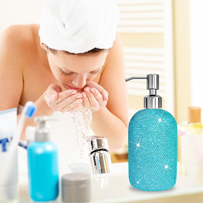 SlowVibes 18Oz Bling Blue Soap Dispenser with Rust Proof Stainless Steel Pump,Refillable Liquid Hand Wash Bottle for Bathroom Kitchen,Sparkle Decorative Shower Dispenser,Rhinestone Lotion Dispenser