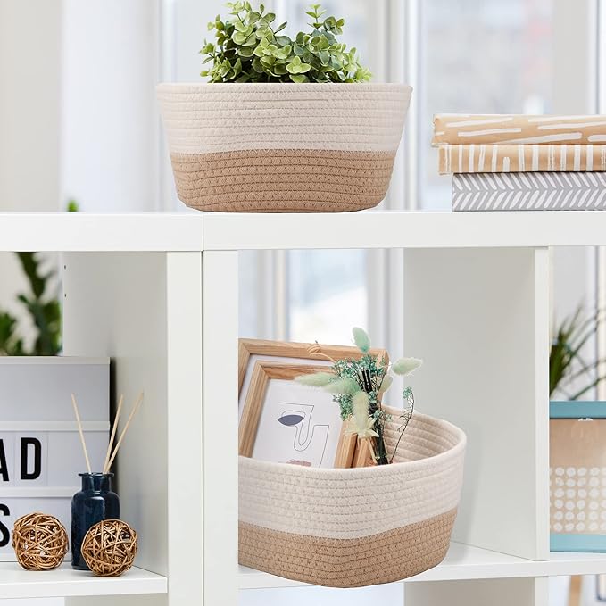 Sawysine 6 Pcs Cotton Rope Woven Basket for Storage Baskets for Organizing Storage Baskets Rope Basket with Handles for Cloth Blanket Toys Living Room Bathroom Laundry (Khaki and White)