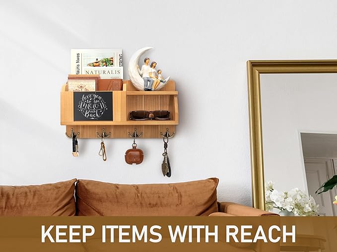 Rebee Vision Farmhouse Key Holder for Wall - Mail Organizer with Chalkboard with 4 Hooks - Rustic Key Hanger for Home Decor