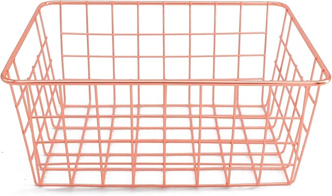 Metal Wire Storage Basket with Handles for Kitchen Food Pantry Papers Home Office Desk Bathroom Laundry Room Bedroom Bed Room Organizer, Rose Gold