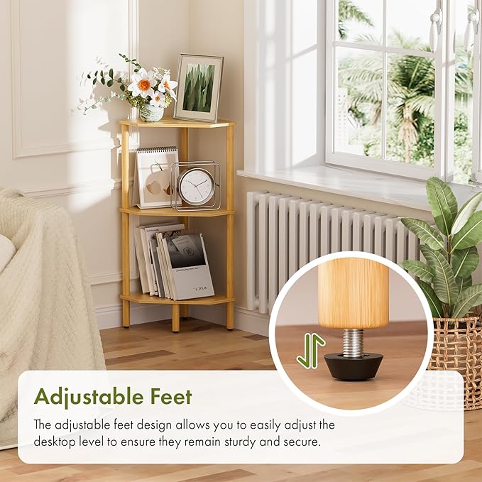 3 Tier Bamboo Corner Shelf, Storage Stand with Adjustable Feet, Small Space Corner Bookcase, Outdoor Plant Stand, Space-Saving Organizer for Bathroom Kitchen Living Room