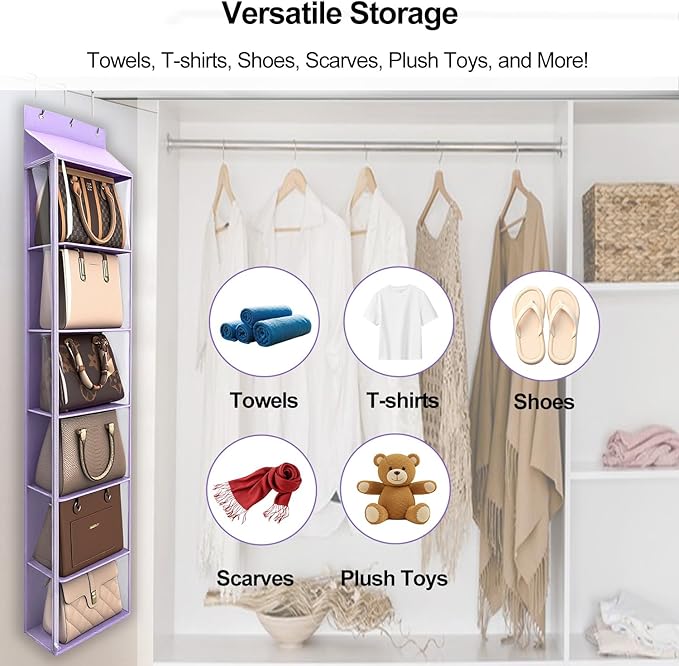 Lirex Over The Door Purse Organizer & Purse Shelf for Closet – Handbag Storage Organizer with Purse Hanger. Perfect for Scarves, Hats, and Leggings. S (11.8'' x 5'' x 51.6''), Purple