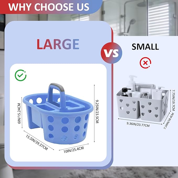 Large Shower Caddy Portable 2PC - Made in USA Plastic Jumbo Size Dorm Storage Candy Tote with Handle Shower Organizer for Bathroom, Pantry, Kitchen, College Dorm, Red/Periwinkle