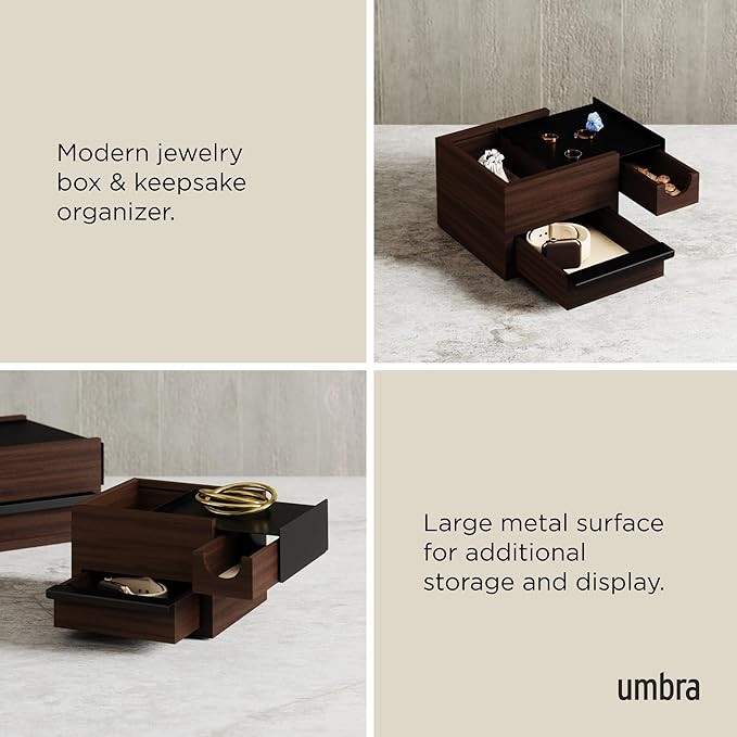 Umbra Mini Stowit Jewelry Box - Modern Keepsake Storage Organizer with Hidden Compartment Drawers for Ring, Bracelet, Watch, Necklace, Earrings, and Accessories, Black/Walnut