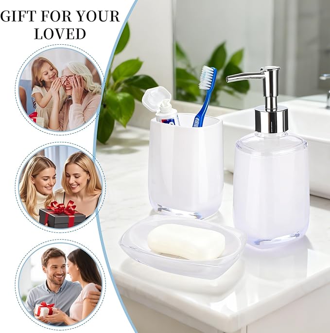 3 Pcs White Bathroom Accessories Set, Soap Dispenser, Soap Dish, Mouthwash Cup,Countertop Organizer Bathroom Sink Set,Boho Modern Bath Decor Gift for Home