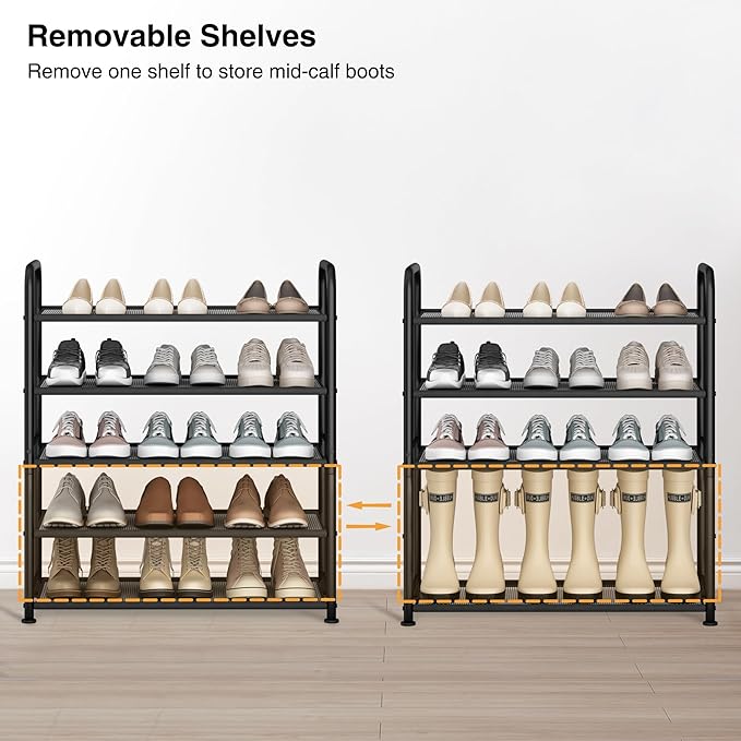 STO STO 5-Tier Shoe Rack with Sturdy Mesh Shelves, Heavy Duty Metal Shoe Organizer for Entryway, Closet, Garage, Front Door, Holds 15 Pairs, Free Standing Shoe Storage Shelf, Adjustable Feet, Black