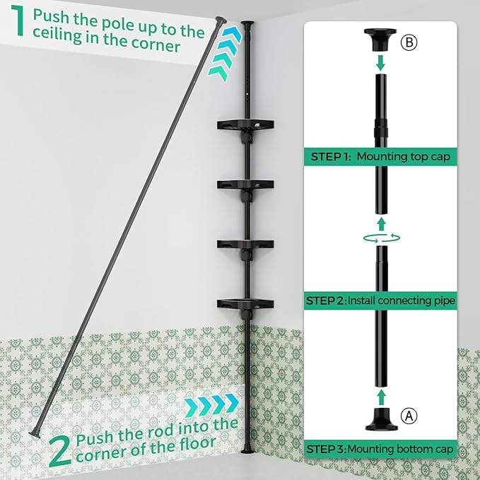 4-Tier Corner Shower Caddy Tension Pole Organizer - Adjustable Rustproof Metal Tension Pole, Plastic Shelves with Safety Guardrail, Bathroom Storage for Shower & Bathtub(Black)