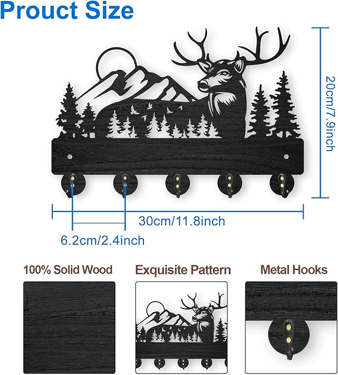 MAYJOYDIY Wooden Antler Wall Coat Rack with 5 Hooks, Black Forest Deer Design, 11.8x8 Inch Key Holder & Organizer for Entryway, Hall, Living Room, Office Decor