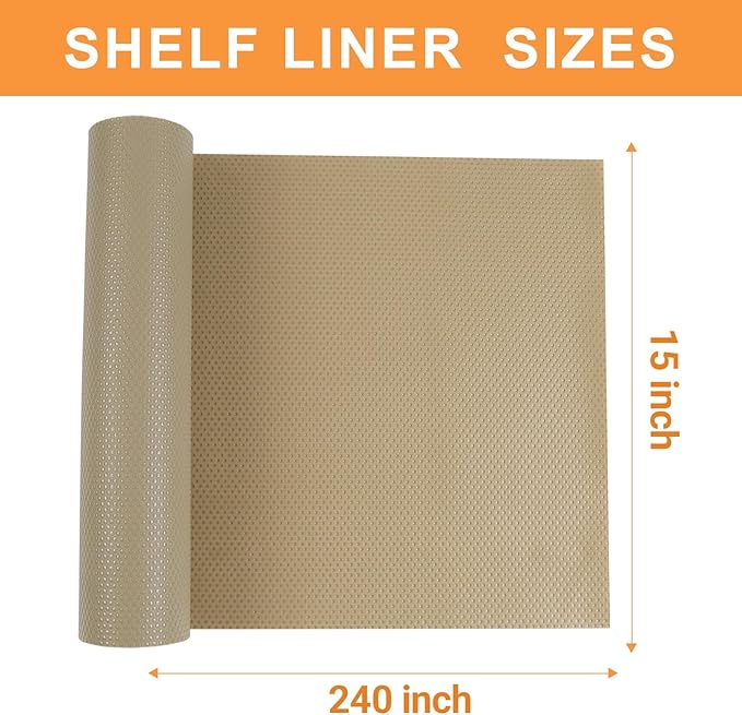 Shelf Liners for Kitchen Cabinets Waterproof - 15" W x 240" L Easy to Clean Drawer Liner - Non-Adhesive Cupboard Mat for Pantry Shelves Khaki