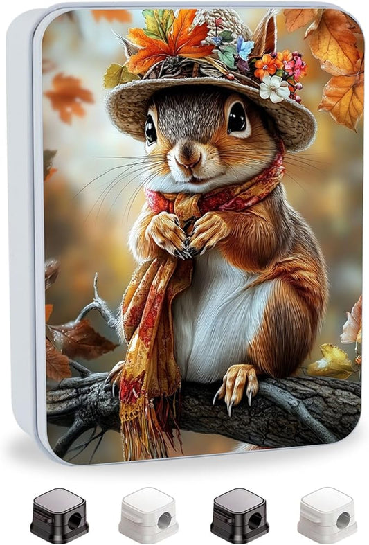 Metal Tin Box with Lid,Multi-functional Storage Box Can Store Tea Biscuits Game Cards, Playing & Tarot Cards-Comes with 4 Magnetic Cord Clips,Cute Squirrel Wearing Hat