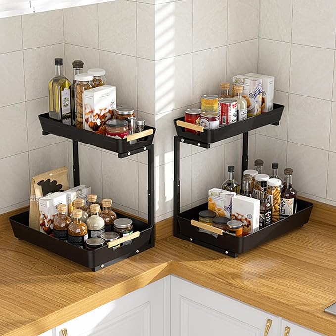 Under Sink Organizers and Storage, 2 Tier Pull Out Bathroom Cabinet Organizer with Sliding Drawer, Height Adjustable Under Sink Storage for Kitchen Bathroom Cabinet Black