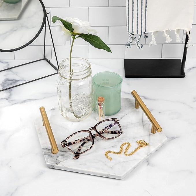White Marble Tray with Gold Handles - Solid Marble Perfume Tray for Vanity - Chic Modern Hexagon, Room Decor Elegant Bathroom Tray (Hexagon, White)