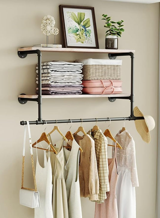 MAIKAILUN Industrial Pipe Clothes Rack with Wood Shelf, 42" Long Wall Mounted Clothing Rack with Hanging Rod for Laundry Room, Heavy Duty Pipe Shelves, Closet Storage, Retail Boutique Display