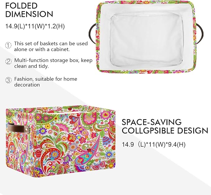 AUUXVA Storage Basket Colorful Paisley Flower Floral Storage Cube Box Durable Canvas Collapsible Toy Basket Organizer Bin with Handles for Shelf Closet Bedroom Home Office