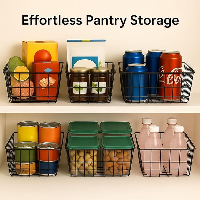 iSPECLE Wire Basket - 4 Pack Wire Storage Baskets Organizer Bins, Pantry Cabinet Shelf Kithen Storage Organization for Easily Get Items, Black