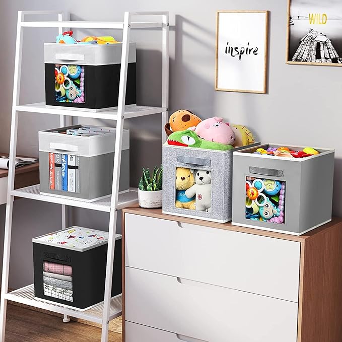 Storage Cube 11 Inch - Cube Storage Bins with Window, Closet Storage Baskets with Handle, Fabric Bins for Closet, Shelves, Toys, Clothes, Set of 6, Grey