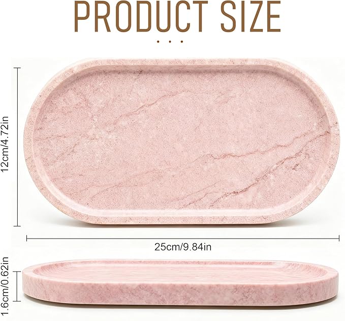 Natural Marble Tray, Pink Stone Tray, Vanity Decorative Tray for Countertop, Catchall for Perfume, Candles, Skincare, Jewelry Dish, Bathroom Tray, Hotel Supplies