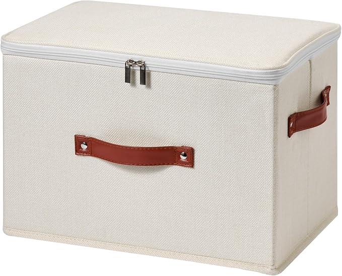 Storage Bin Box with Zippered Lid Cotton Linen Fabric Decorative Basket with PU Leather Handles PP Plastic Board Foldable Lidded Clothing Shelf Closet Organizer Container (Beige, Large)