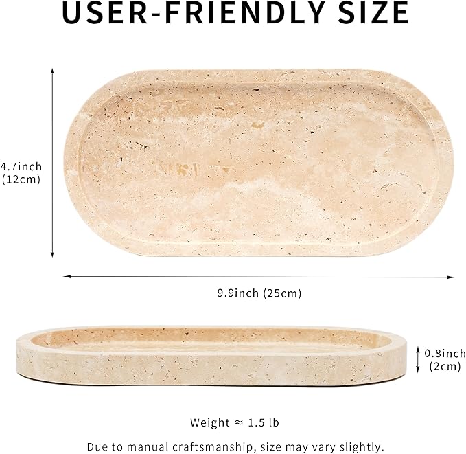 Travertine Marble Oval Tray - Stone Decorative Perfume Trinket Jewelry Dish, Catchall Organizer for Bathroom Vanity Dresser Kitchen Countertop Home Decor