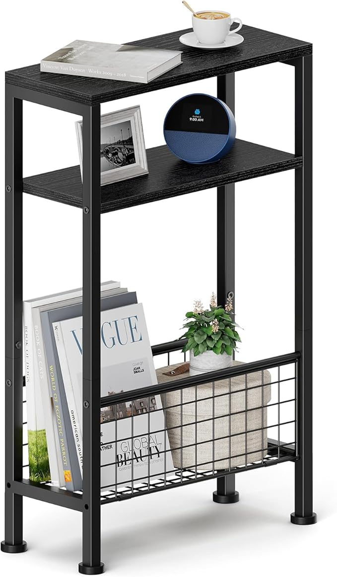 Karii Narrow Side Table, Skinny End Table for Small Spaces with Storage, 3-Tier Slim Wooden Bedside Nightstand Thin Couch Table for Living Room Bedroom Office Dorm Kitchen Bathroom (1, Black)