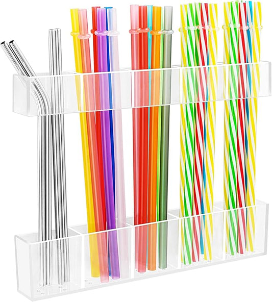 Straw Holder for Cabinet Door, 9.45âLarge Acrylic Reusable Tumbler Straw Organizer Storage Dispenser with Double Sided Adhesive,Under Cabinet & Wall Mount Drinking Straw Storage, Easy to Install