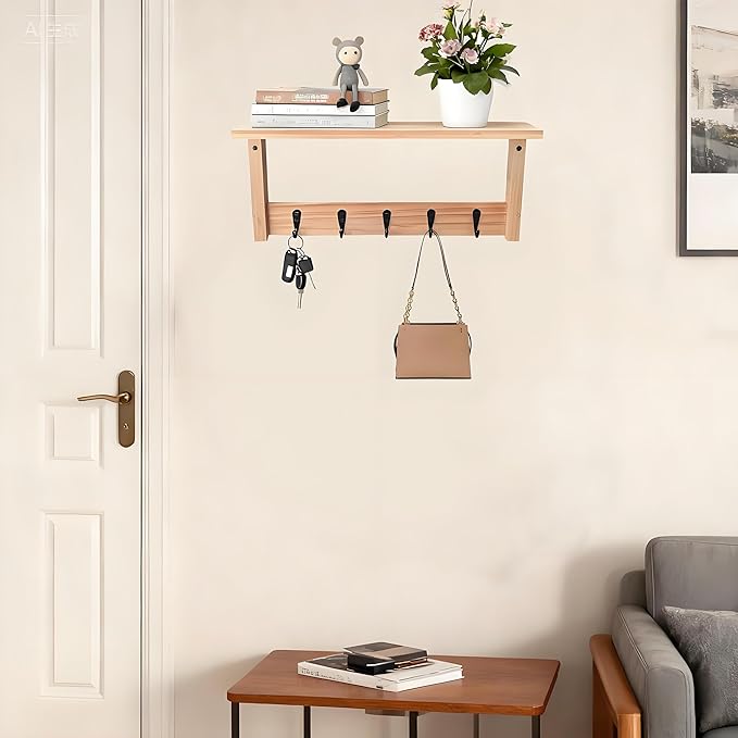 Wall Shelf with Hooks, Multi-Purpose Wooden Shelf & Metal Hooks for Home Entryway, Living Room,Office - Heavy Duty Coat Rack Organizer Hanging Coats, Bags, Key Holder