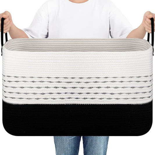 Large Blanket Basket for Living Room, 75L Woven Storage Baskets for Organizing, Rectangle Cotton Rope Basket With Handles-Black & White