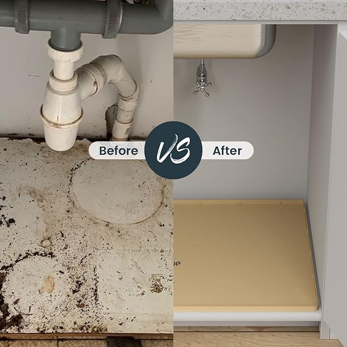 Under Sink Mat, 34" x 22" Silicone Kitchen Cabinet Tray, Waterproof & Flexible Under Sink Liner for Kitchen Bathroom and Laundry Room(Beige)