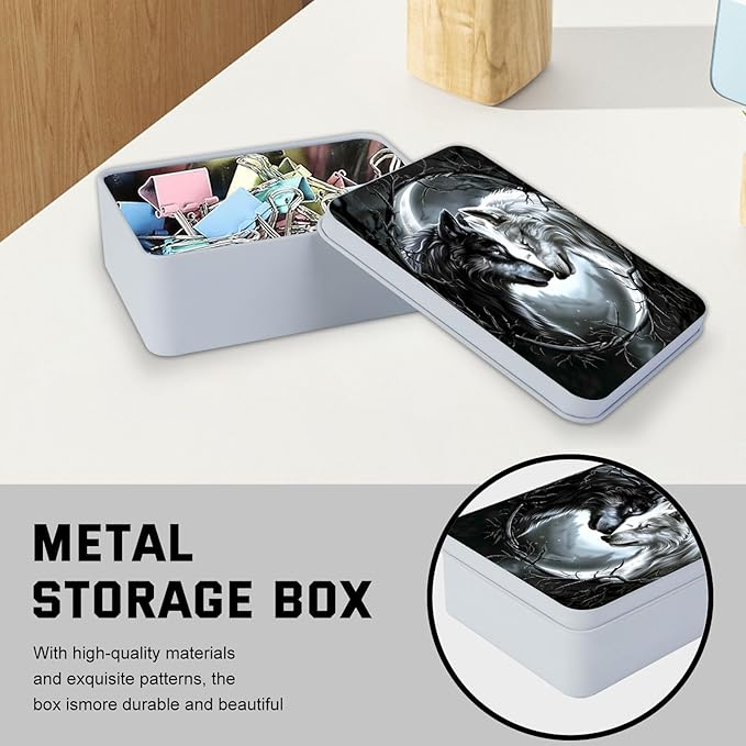 Metal Tin Box with Lid,Multi-functional Storage Large Box Can Store Tea Biscuits Game Cards, Playing & Tarot Cards-Comes with 4 Magnetic Cord Clips,Black and White Twin Wolves