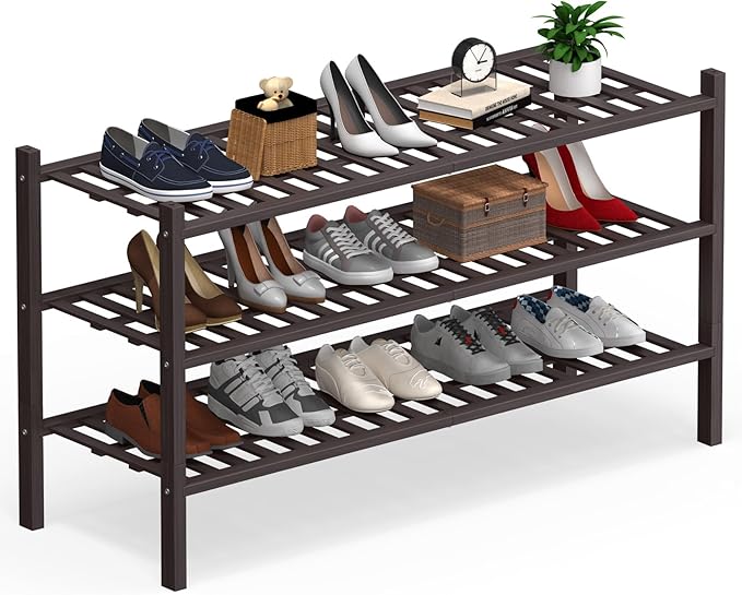 Haddockway Long 3 Tier Bamboo Shoe Rack Storage Organizer,Multifunctional Free Standing Stackable Shoe Shelf with Grid Panel for Closet,Hallway,Entryway,Small Space 34.2"x11"x20"