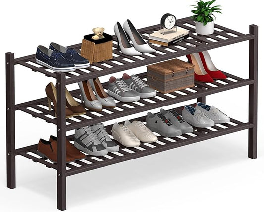 Haddockway Long 3 Tier Bamboo Shoe Rack Storage Organizer,Multifunctional Free Standing Stackable Shoe Shelf with Grid Panel for Closet,Hallway,Entryway,Small Space 34.2"x11"x20"
