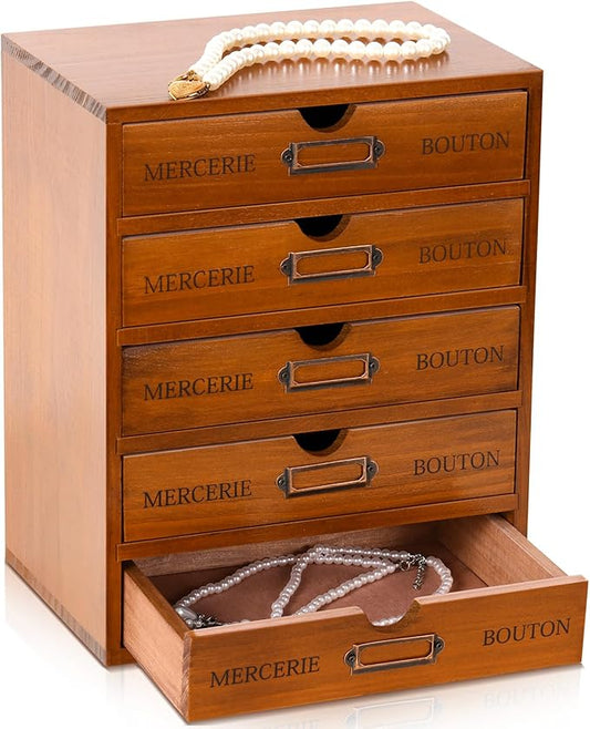 Wesiti 5 Drawer Vintage Wooden Desk Organizer, Apothecary Cabinet Storage Drawers, Rustic Shelf Drawer, Home Office Organizers and Accessories, Embroidery Floss, Craft, Art, Jewelry Storage, Stackable